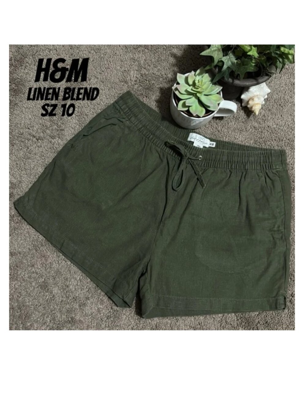 H&M Linen Blend Shorts 10/Euro 40 Olive Green Pull On Style Side Pockets EUC